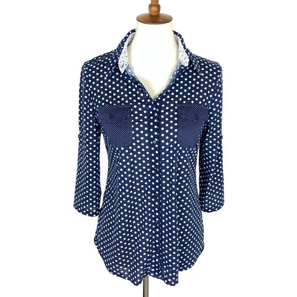 Eden & Olivia Blue White Polka Dot Blouse Small - Picture 4 of 8